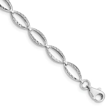 Rhodium Over 10k White Gold 5mm Polished and Textured Oval Link Bracelet