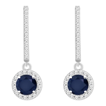 5mm Round Sapphire 1/4 ctw Diamond Rhodium Over Sterling Silver Halo
Dangle Earrings