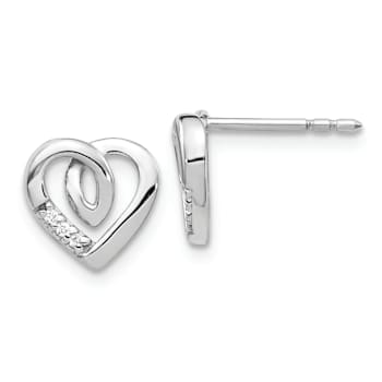 Rhodium Over 14k White Gold 9mm Diamond Heart Stud Earrings