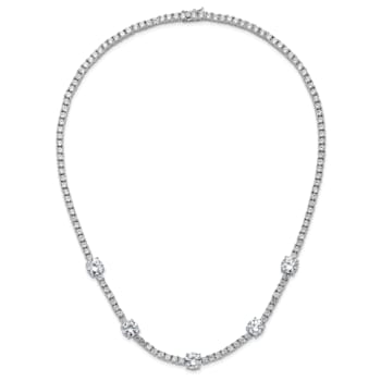 Rhodium Over Sterling Silver Cubic Zirconia Station With Safety Clasp Necklace