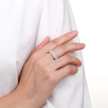 Baguette and Round White Topaz Sterling Silver Crossover Band Ring, 1.25ctw