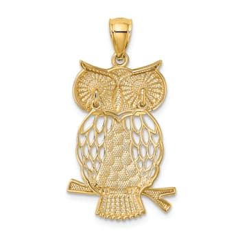 14K Two-tone Gold Diamond-cut Polished Moveable Owl Pendant