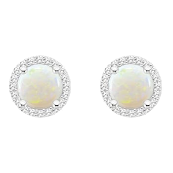 6mm Round Opal 1/5 ctw Diamond Rhodium Over Sterling Silver Halo Stud Earrings