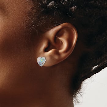 Rhodium Over Sterling Silver  Multi-color Enamel Floral Heart Post Earrings