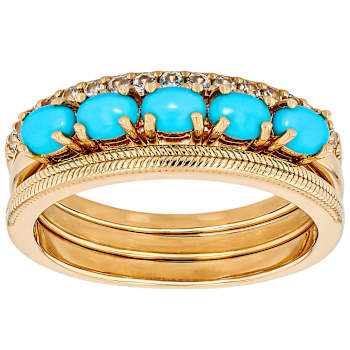 Turquoise And Solid Band Ring Set Of 3 In 18K Gold Over Sterling Silver 0.83ctw