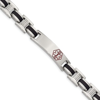 Stainless Steel Black Rubber Red Enamel 8-inch Medical Bracelet