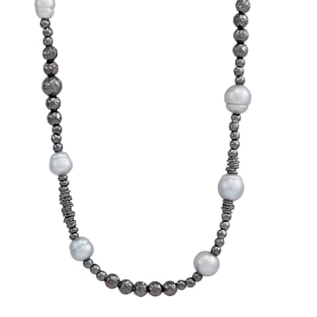 8-10mm Round Gray Freshwater Pearl and Black Rhodium Over Sterling
Silver Bead Necklace