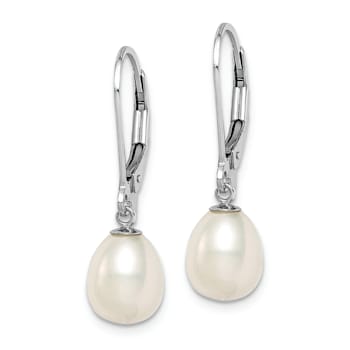 Rhodium Over Sterling Silver 7-8mm White Freshwater Cultured Pearl
Leverback Earrings