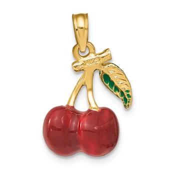 14k Yellow Gold Enamel 3D Cherries with Leaf Charm