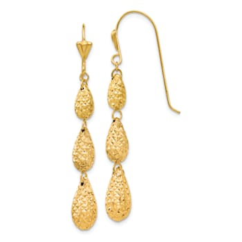 14k Yellow Gold Puff Diamond-Cut Teardrop Dangle Earrings