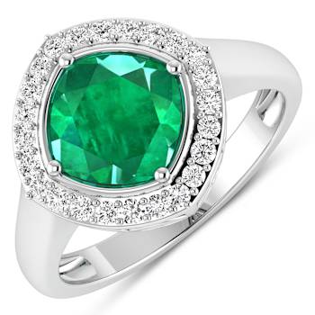 Cushion Cut Green Emerald and White Diamond 14K White Gold Halo Ring
2.31 ctw