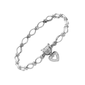 White Diamond Accent Rhodium Over Sterling Silver Heart Charm Bracelet