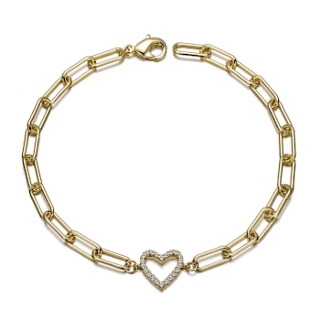 CZ Halo Open Heart Paperclip Link Bracelet In 14K Gold Over Brass
