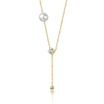 Pear Shape CZ And Mother Of Pearl Y-Necklace In 14K Gold Over Brass