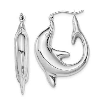 Rhodium Over Sterling Silver Polished Dolphin Round Hoop Earrings