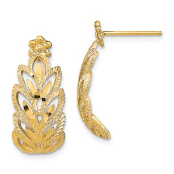 14K Yellow Gold Textured and Diamond-Cut Leaf Pattern Dangle Earrings