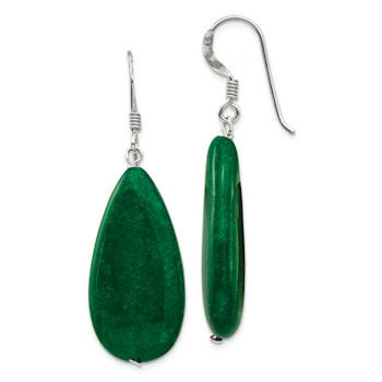 Sterling Silver Polished Green Jadeite Teardrop Dangle Earrings