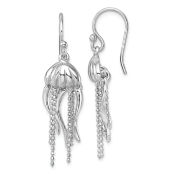 Rhodium Over Sterling Silver Polished Moveable Jellyfish Dangle Earrings