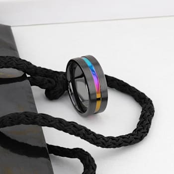AZURE Flat Black Ceramic Ring Brushed with Rainbow Groove 8mm