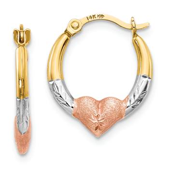 14K Yellow Gold with Rose and White Rhodium Heart Hoop Earrings