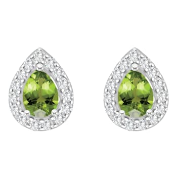 8x5mm Pear Shape Peridot And White Topaz Accent Rhodium Over Sterling
Silver Halo Stud Earrings