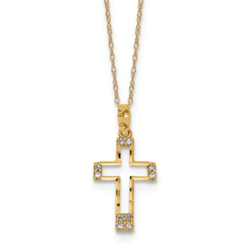 14K Yellow Gold Polished Cubic Zirconia Cross Pendant Necklace