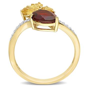 2.10ctw Garnet, Citrine And Diamond 14k Yellow Gold Ring