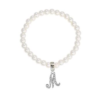 White Faux Pearl Bead Initial Charm Stretch Bracelet
