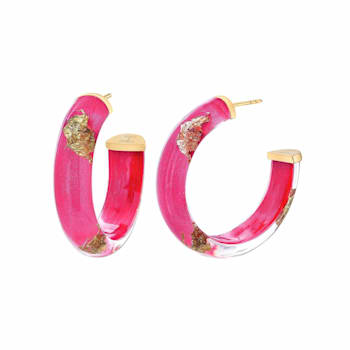 14K Yellow Gold Over Sterling Silver Small Gold Leaf Acrylic Hoop
Earrings in Pink