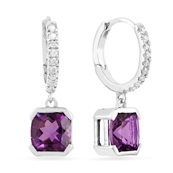 Square Cushion Amethyst with Moissanite Accents Rhodium Over Sterling
Silver Halo Drop Earrings