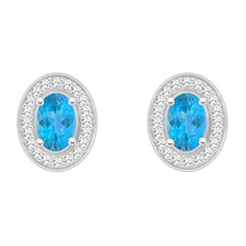 6x4mm Oval Blue Topaz 1/5 ctw Diamond Rhodium Over Sterling Silver Halo
Stud Earrings