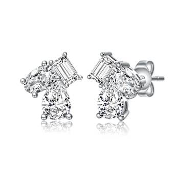 CZ Three-Stone Cluster Stud Earrings In Sterling Silver