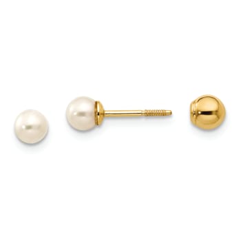 14K Yellow Gold Reversible 3.75-4mm Freshwater Cultured Pearl and Gold
Bead Earrings