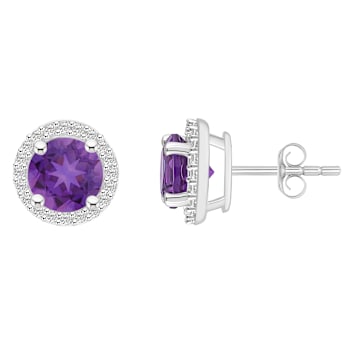 6mm Round Amethyst And Created White Sapphire 10k White Gold Halo Stud Earrings