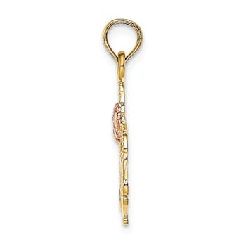 14K Two-tone Gold  Polished Textured MOM and Flower Pendant