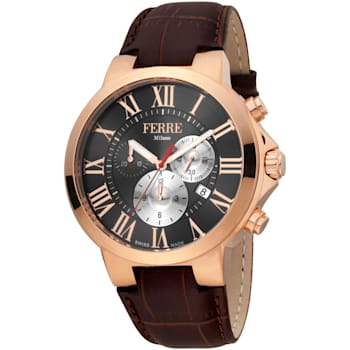 Ferre Milano Men's Classic Black Dial Brown Leather Strap Watch