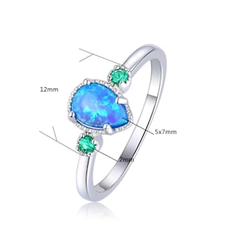 Pear Shape Lab Created Blue Opal and Round Green Nanocrystal Sterling
Silver Opal Ring 3-Stone Ring