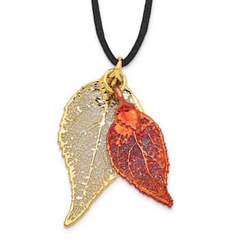 24k Yellow Gold and Iridescent Copper Dipped Double Evergreen Leaf Necklace