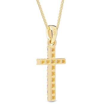White Cubic Zirconia 14k Yellow Gold Cross Pendant With Chain 0.30ctw