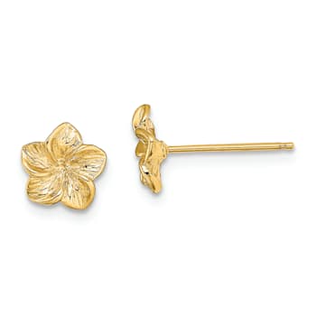 14k Yellow Gold Textured 7.2mm Plumeria Flower Stud Earrings