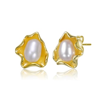 Organic Wave Pear Shape Pearl Stud Earrings In 14K Gold Over Sterling Silver