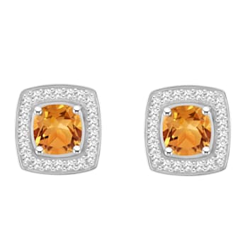 5mm Cushion Citrine 1/5 ctw Diamond Rhodium Over Sterling Silver Halo
Stud Earrings