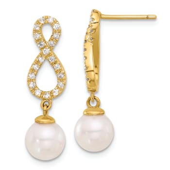 14K YG 7-8mm Round White Akoya Cultured Pearl and 0.40 cttw Diamond
Infinity Post Dangle Earrings