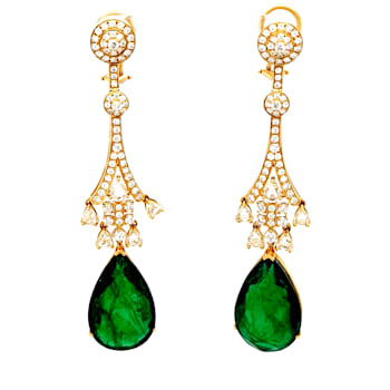 39.00 Ctw Emerald and 1.75 Ctw White Diamond Earring in 18K YG