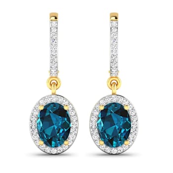 2.20ctw 14K Yellow Gold London Blue Topaz  and White Diamond Halo Earrings