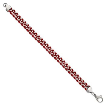 Stainless Steel 9mm Polished Red Enameled and Rubber Coated Curb Link Bracelet