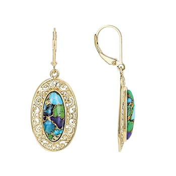 Multi-Color Blended Turquoise Oval Dangle Earrings In 18K Gold Over
Sterling Silver 17x7mm