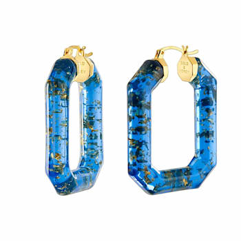 14K Yellow Gold Over Sterling Silver Acrylic Hoops in Blue with Glitter