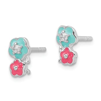 Rhodium Over Sterling Silver Cubic Zirconia and Enamel Flowers
Children's Post Earrings