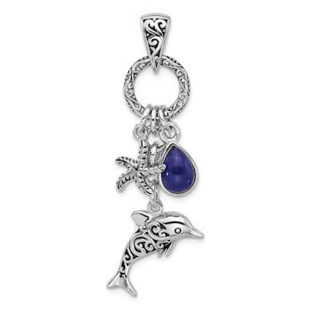Rhodium Over Sterling Silver Oxidized Lapis Lazuli Dolphin and Starfish Pendant